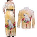 New Zealand Aotearoa Cockatoo Couples Matching Off Shoulder Maxi Dress and Long Sleeve Button Shirt Maori Pattern With Pohutukawa Flowers