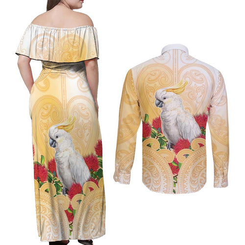 New Zealand Aotearoa Cockatoo Couples Matching Off Shoulder Maxi Dress and Long Sleeve Button Shirt Maori Pattern With Pohutukawa Flowers
