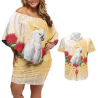 New Zealand Aotearoa Cockatoo Couples Matching Off Shoulder Short Dress and Hawaiian Shirt Maori Pattern With Pohutukawa Flowers