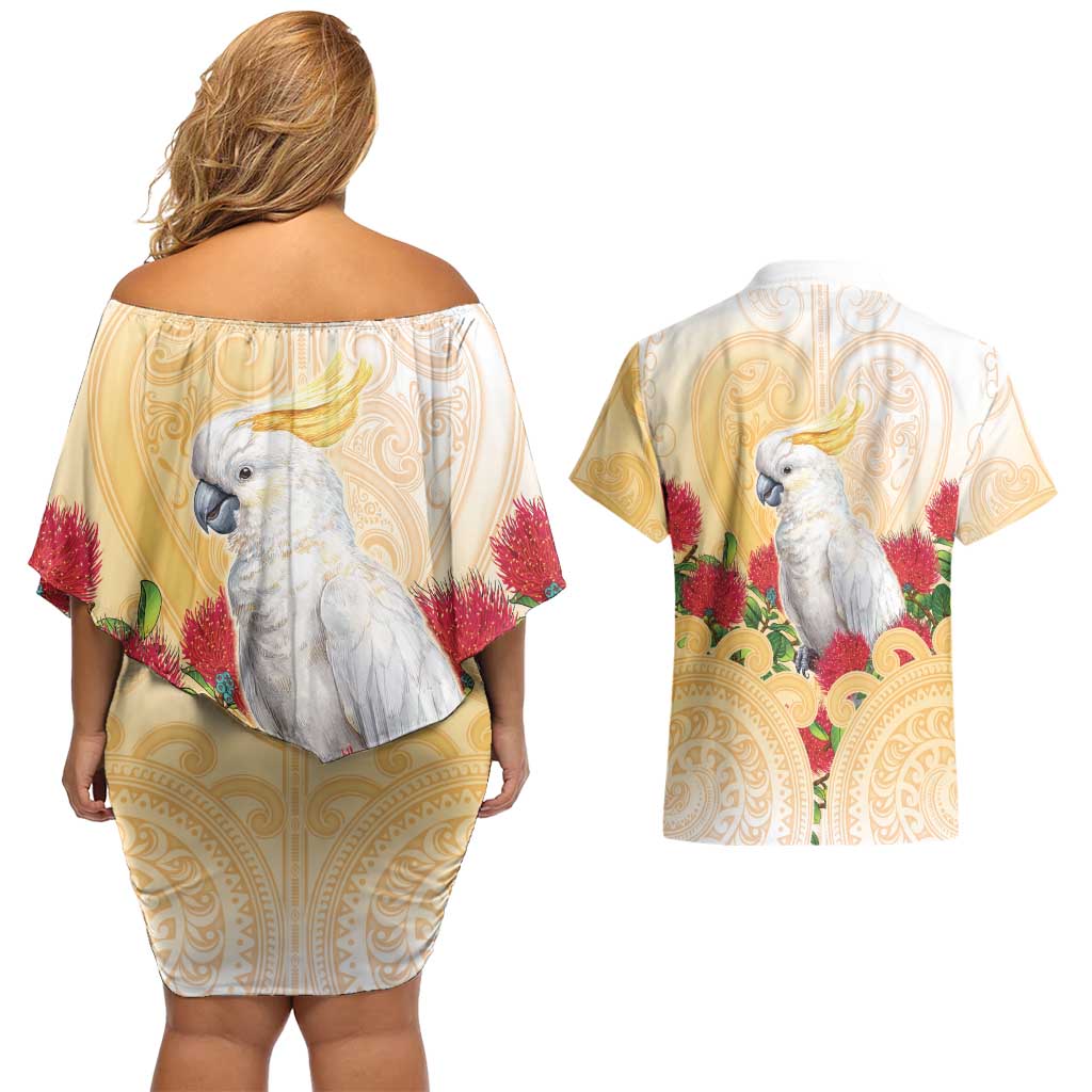 New Zealand Aotearoa Cockatoo Couples Matching Off Shoulder Short Dress and Hawaiian Shirt Maori Pattern With Pohutukawa Flowers