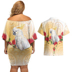 New Zealand Aotearoa Cockatoo Couples Matching Off Shoulder Short Dress and Hawaiian Shirt Maori Pattern With Pohutukawa Flowers