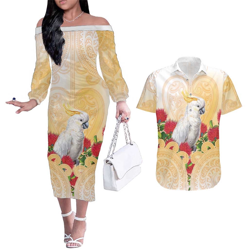 New Zealand Aotearoa Cockatoo Couples Matching Off The Shoulder Long Sleeve Dress and Hawaiian Shirt Maori Pattern With Pohutukawa Flowers