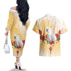 New Zealand Aotearoa Cockatoo Couples Matching Off The Shoulder Long Sleeve Dress and Hawaiian Shirt Maori Pattern With Pohutukawa Flowers