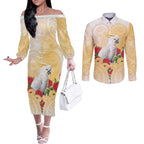 New Zealand Aotearoa Cockatoo Couples Matching Off The Shoulder Long Sleeve Dress and Long Sleeve Button Shirt Maori Pattern With Pohutukawa Flowers