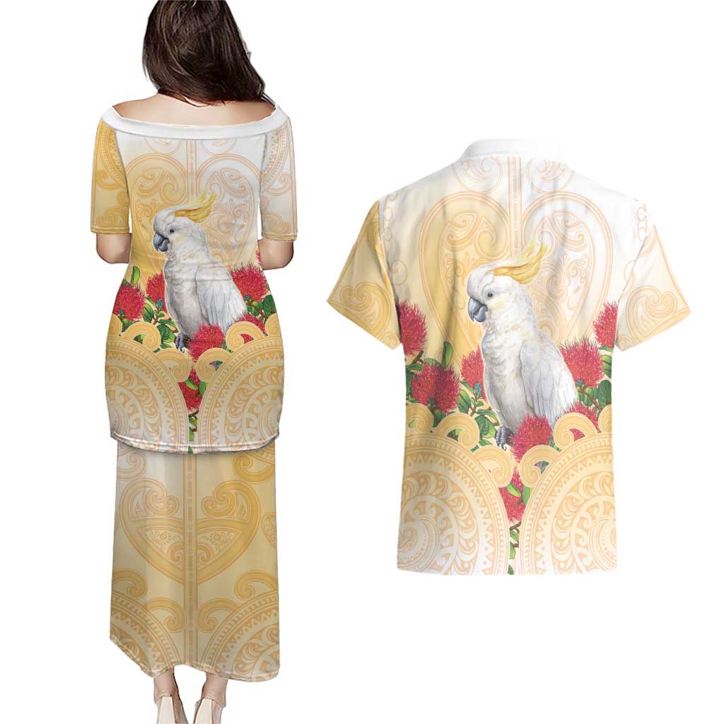 New Zealand Aotearoa Cockatoo Couples Matching Puletasi and Hawaiian Shirt Maori Pattern With Pohutukawa Flowers