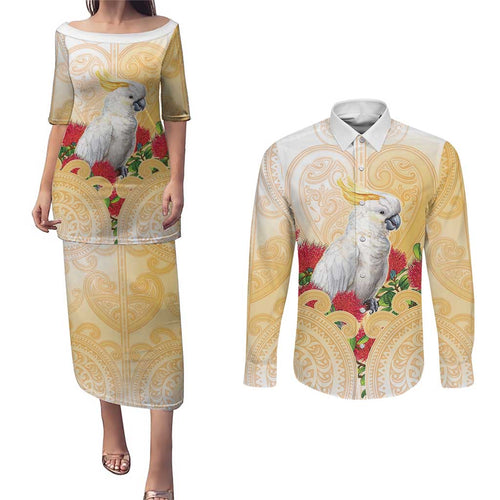 New Zealand Aotearoa Cockatoo Couples Matching Puletasi and Long Sleeve Button Shirt Maori Pattern With Pohutukawa Flowers