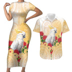 New Zealand Aotearoa Cockatoo Couples Matching Short Sleeve Bodycon Dress and Hawaiian Shirt Maori Pattern With Pohutukawa Flowers