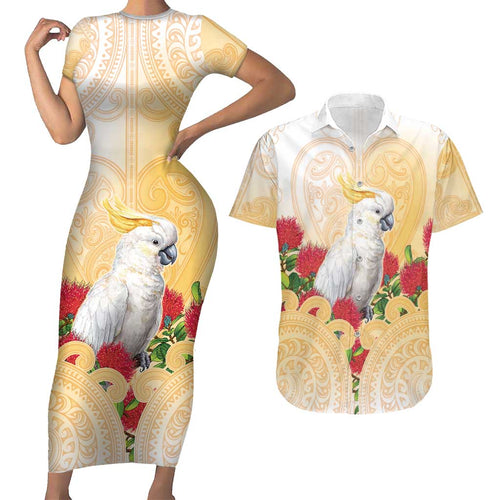 New Zealand Aotearoa Cockatoo Couples Matching Short Sleeve Bodycon Dress and Hawaiian Shirt Maori Pattern With Pohutukawa Flowers