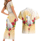 New Zealand Aotearoa Cockatoo Couples Matching Short Sleeve Bodycon Dress and Hawaiian Shirt Maori Pattern With Pohutukawa Flowers