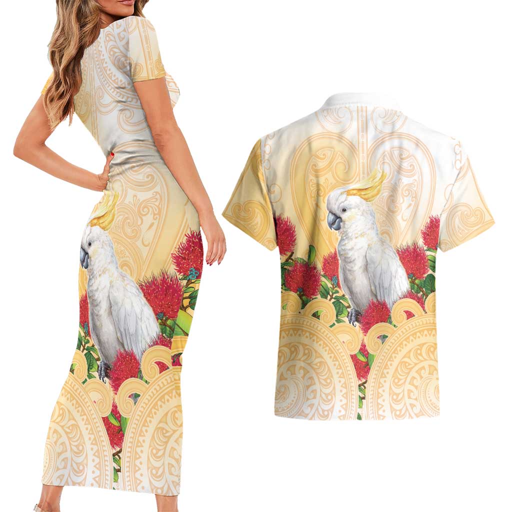 New Zealand Aotearoa Cockatoo Couples Matching Short Sleeve Bodycon Dress and Hawaiian Shirt Maori Pattern With Pohutukawa Flowers
