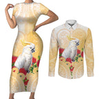 New Zealand Aotearoa Cockatoo Couples Matching Short Sleeve Bodycon Dress and Long Sleeve Button Shirt Maori Pattern With Pohutukawa Flowers