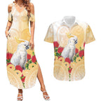 New Zealand Aotearoa Cockatoo Couples Matching Summer Maxi Dress and Hawaiian Shirt Maori Pattern With Pohutukawa Flowers