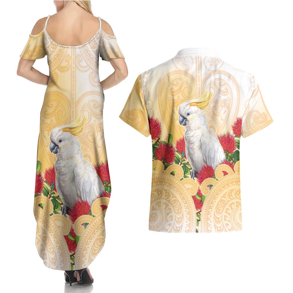 New Zealand Aotearoa Cockatoo Couples Matching Summer Maxi Dress and Hawaiian Shirt Maori Pattern With Pohutukawa Flowers