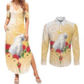 New Zealand Aotearoa Cockatoo Couples Matching Summer Maxi Dress and Long Sleeve Button Shirt Maori Pattern With Pohutukawa Flowers