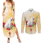 New Zealand Aotearoa Cockatoo Couples Matching Summer Maxi Dress and Long Sleeve Button Shirt Maori Pattern With Pohutukawa Flowers