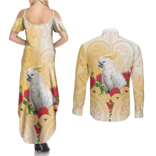 New Zealand Aotearoa Cockatoo Couples Matching Summer Maxi Dress and Long Sleeve Button Shirt Maori Pattern With Pohutukawa Flowers