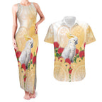 New Zealand Aotearoa Cockatoo Couples Matching Tank Maxi Dress and Hawaiian Shirt Maori Pattern With Pohutukawa Flowers