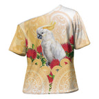 New Zealand Aotearoa Cockatoo Cross Shoulder Shirt Maori Pattern With Pohutukawa Flowers