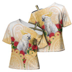 New Zealand Aotearoa Cockatoo Cross Shoulder Shirt Maori Pattern With Pohutukawa Flowers