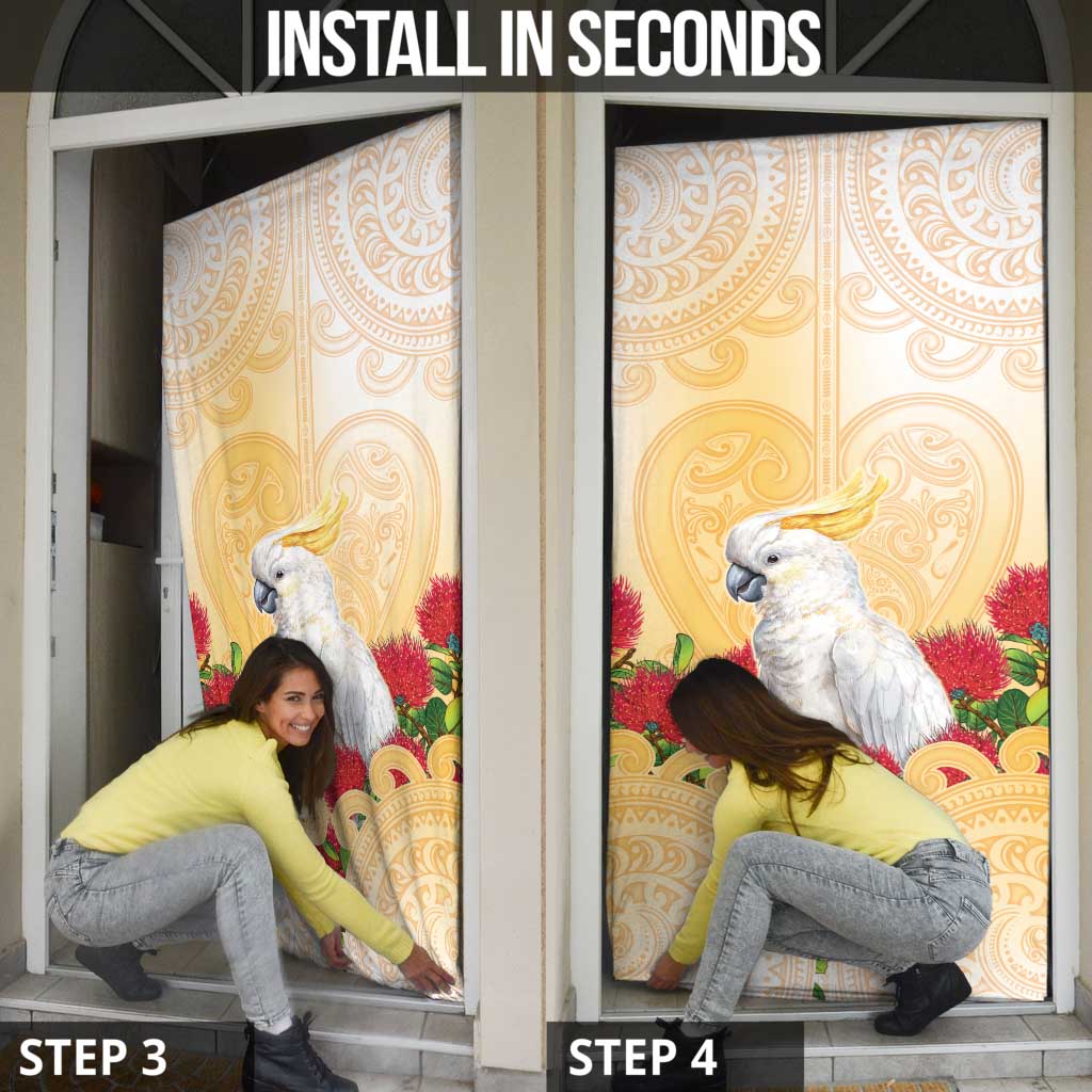 New Zealand Aotearoa Cockatoo Door Cover Maori Pattern With Pohutukawa Flowers