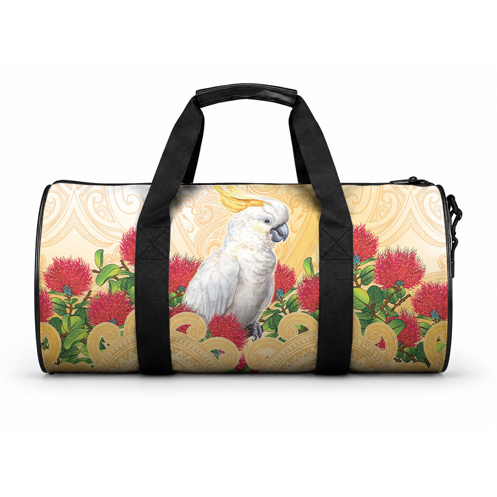 New Zealand Aotearoa Cockatoo Duffle Bag Maori Pattern With Pohutukawa Flowers