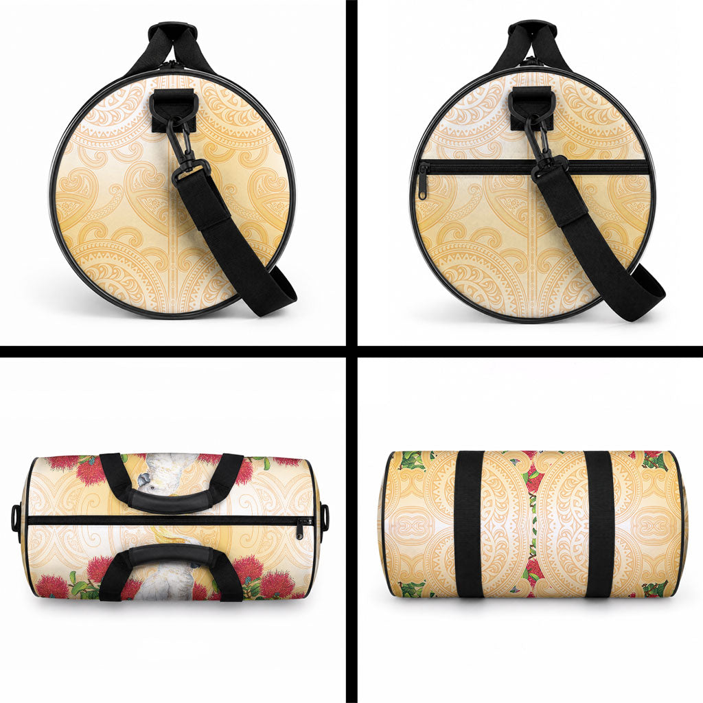 New Zealand Aotearoa Cockatoo Duffle Bag Maori Pattern With Pohutukawa Flowers