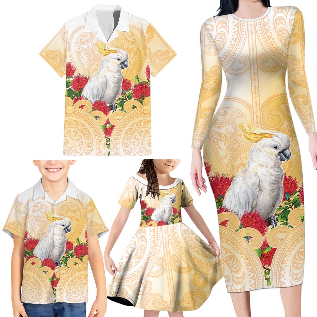 New Zealand Aotearoa Cockatoo Family Matching Long Sleeve Bodycon Dress and Hawaiian Shirt Maori Pattern With Pohutukawa Flowers
