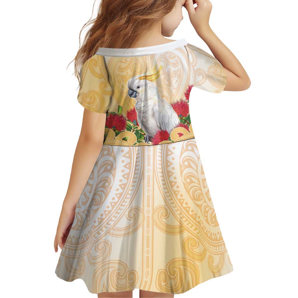 New Zealand Aotearoa Cockatoo Family Matching Long Sleeve Bodycon Dress and Hawaiian Shirt Maori Pattern With Pohutukawa Flowers