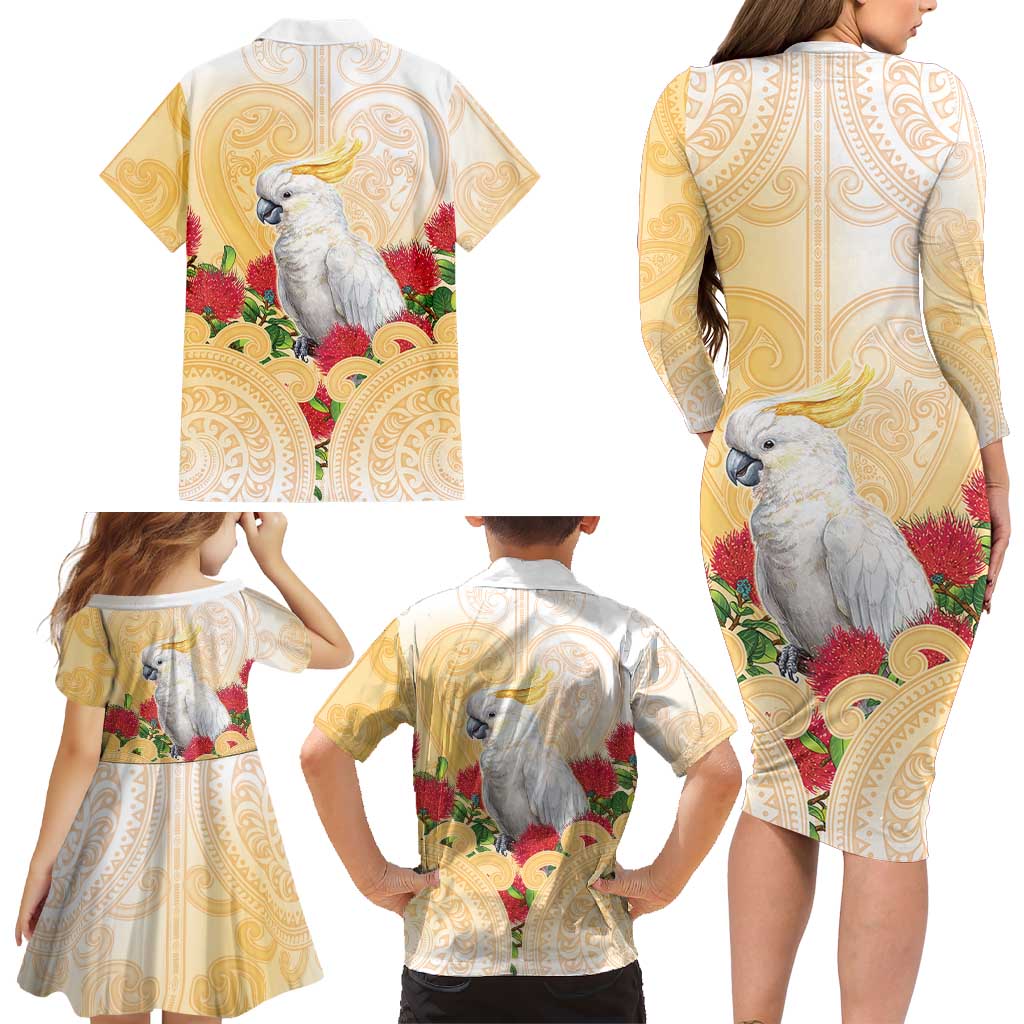 New Zealand Aotearoa Cockatoo Family Matching Long Sleeve Bodycon Dress and Hawaiian Shirt Maori Pattern With Pohutukawa Flowers