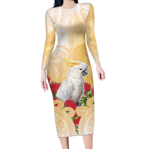 New Zealand Aotearoa Cockatoo Family Matching Long Sleeve Bodycon Dress and Hawaiian Shirt Maori Pattern With Pohutukawa Flowers