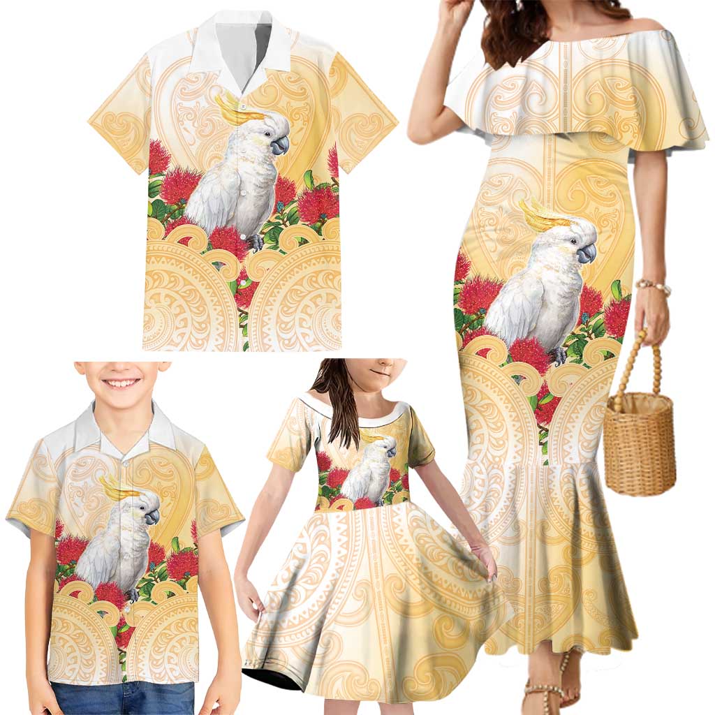 New Zealand Aotearoa Cockatoo Family Matching Mermaid Dress and Hawaiian Shirt Maori Pattern With Pohutukawa Flowers