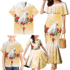 New Zealand Aotearoa Cockatoo Family Matching Mermaid Dress and Hawaiian Shirt Maori Pattern With Pohutukawa Flowers