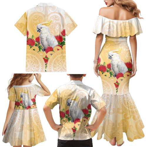 New Zealand Aotearoa Cockatoo Family Matching Mermaid Dress and Hawaiian Shirt Maori Pattern With Pohutukawa Flowers