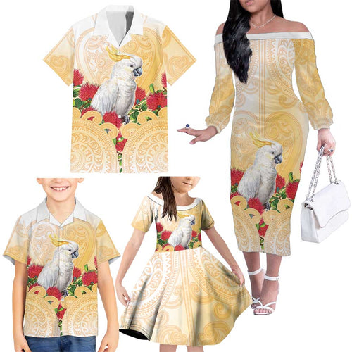 New Zealand Aotearoa Cockatoo Family Matching Off The Shoulder Long Sleeve Dress and Hawaiian Shirt Maori Pattern With Pohutukawa Flowers