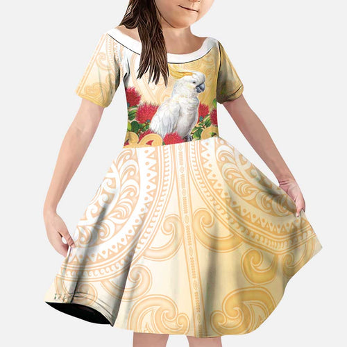 New Zealand Aotearoa Cockatoo Family Matching Off The Shoulder Long Sleeve Dress and Hawaiian Shirt Maori Pattern With Pohutukawa Flowers