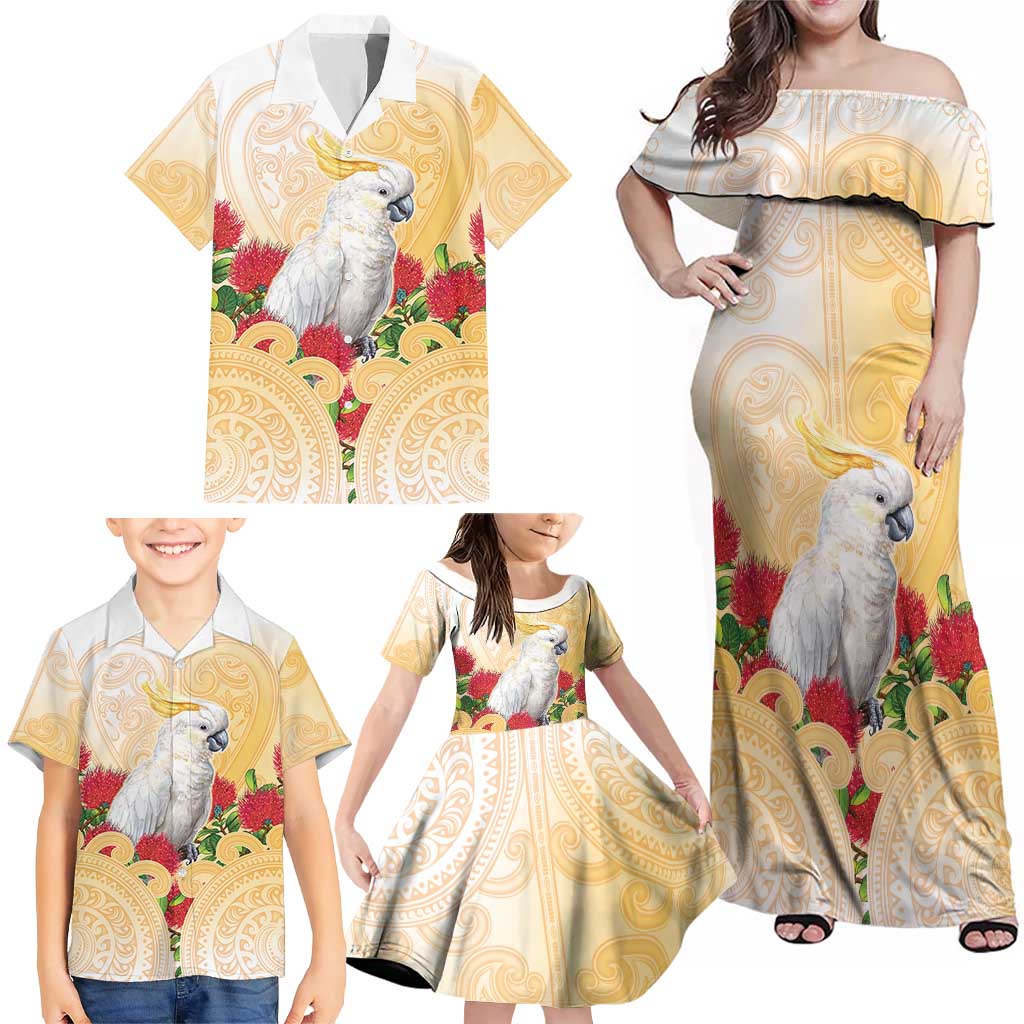 New Zealand Aotearoa Cockatoo Family Matching Off Shoulder Maxi Dress and Hawaiian Shirt Maori Pattern With Pohutukawa Flowers
