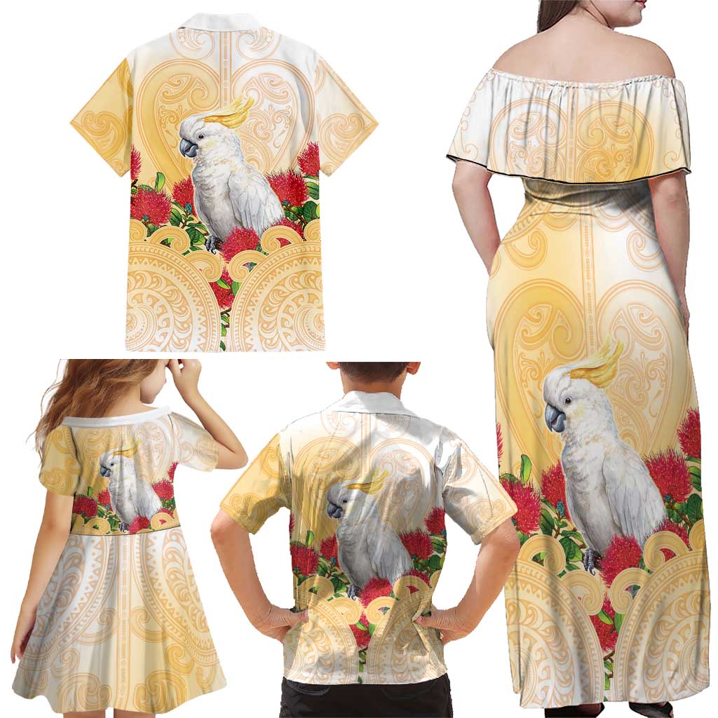 New Zealand Aotearoa Cockatoo Family Matching Off Shoulder Maxi Dress and Hawaiian Shirt Maori Pattern With Pohutukawa Flowers