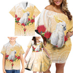 New Zealand Aotearoa Cockatoo Family Matching Off Shoulder Short Dress and Hawaiian Shirt Maori Pattern With Pohutukawa Flowers