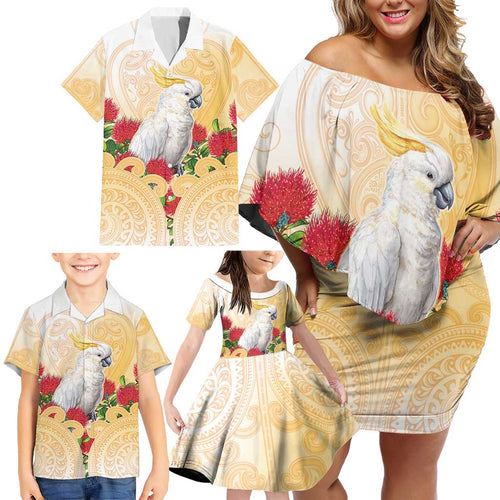 New Zealand Aotearoa Cockatoo Family Matching Off Shoulder Short Dress and Hawaiian Shirt Maori Pattern With Pohutukawa Flowers