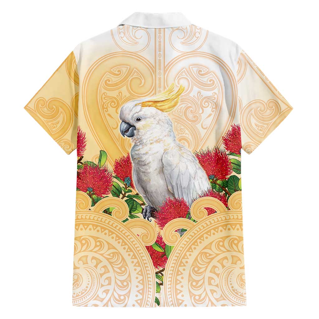New Zealand Aotearoa Cockatoo Family Matching Off Shoulder Short Dress and Hawaiian Shirt Maori Pattern With Pohutukawa Flowers