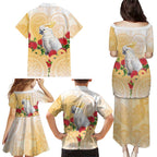 New Zealand Aotearoa Cockatoo Family Matching Puletasi and Hawaiian Shirt Maori Pattern With Pohutukawa Flowers