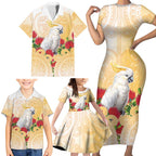 New Zealand Aotearoa Cockatoo Family Matching Short Sleeve Bodycon Dress and Hawaiian Shirt Maori Pattern With Pohutukawa Flowers