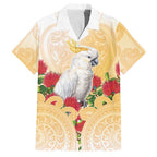 New Zealand Aotearoa Cockatoo Family Matching Short Sleeve Bodycon Dress and Hawaiian Shirt Maori Pattern With Pohutukawa Flowers