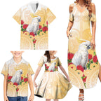 New Zealand Aotearoa Cockatoo Family Matching Summer Maxi Dress and Hawaiian Shirt Maori Pattern With Pohutukawa Flowers