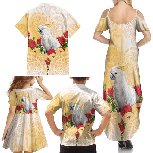 New Zealand Aotearoa Cockatoo Family Matching Summer Maxi Dress and Hawaiian Shirt Maori Pattern With Pohutukawa Flowers