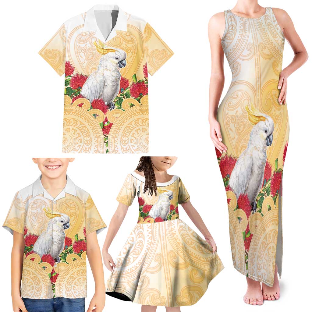 New Zealand Aotearoa Cockatoo Family Matching Tank Maxi Dress and Hawaiian Shirt Maori Pattern With Pohutukawa Flowers