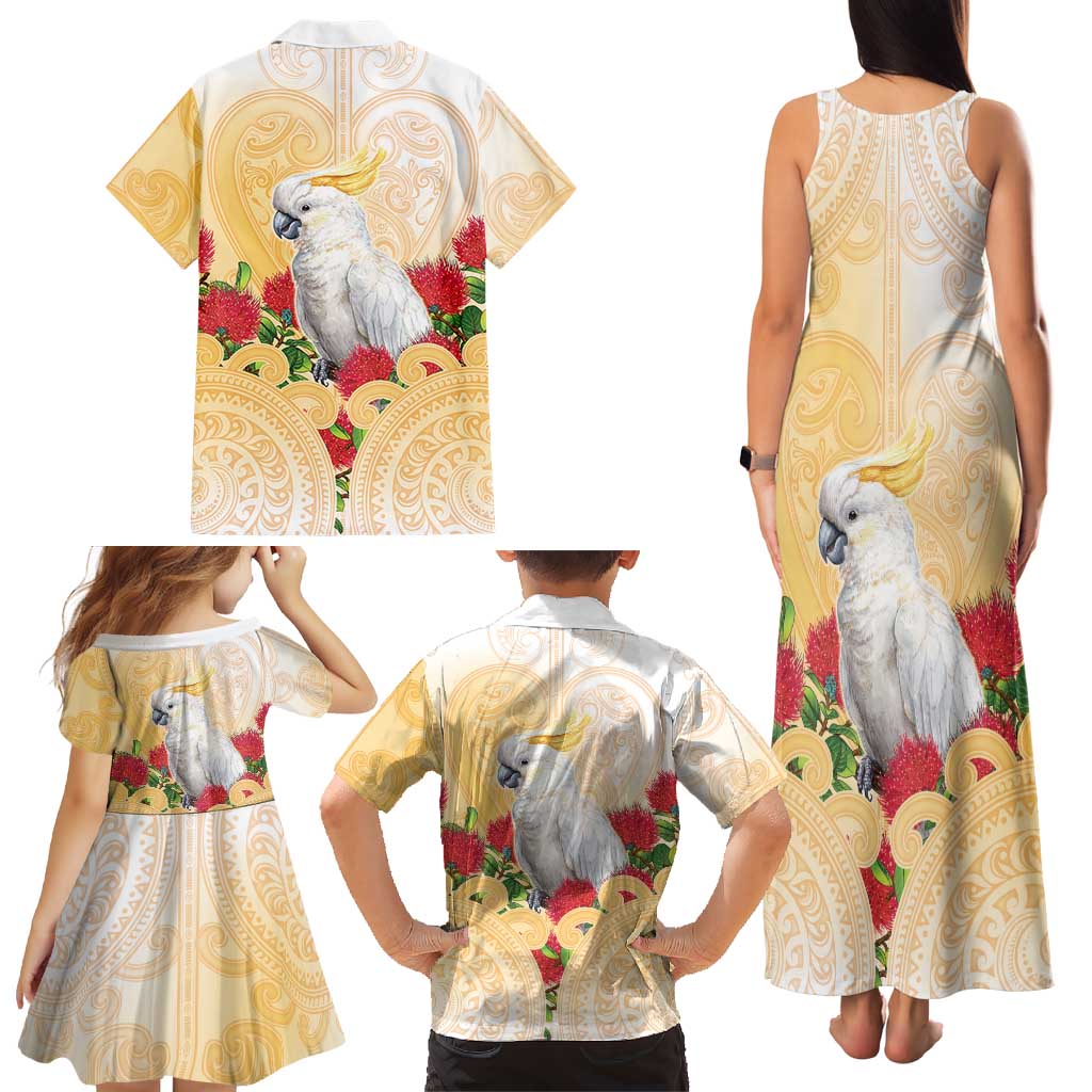 New Zealand Aotearoa Cockatoo Family Matching Tank Maxi Dress and Hawaiian Shirt Maori Pattern With Pohutukawa Flowers