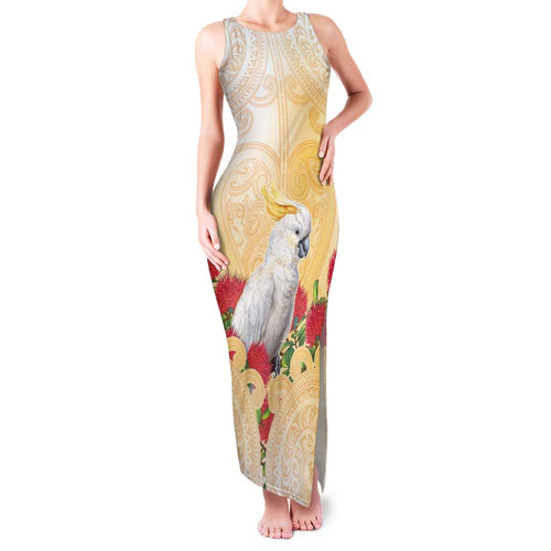 New Zealand Aotearoa Cockatoo Family Matching Tank Maxi Dress and Hawaiian Shirt Maori Pattern With Pohutukawa Flowers