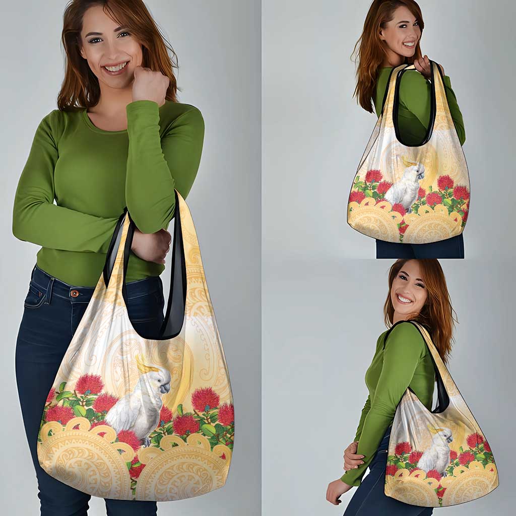New Zealand Aotearoa Cockatoo Grocery Bag Maori Pattern With Pohutukawa Flowers