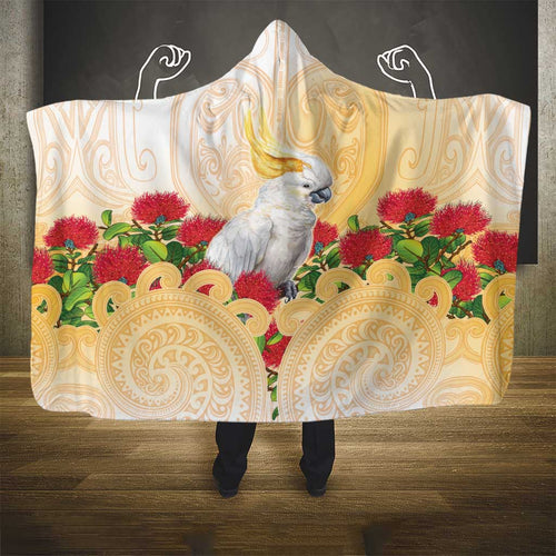 New Zealand Aotearoa Cockatoo Hooded Blanket Maori Pattern With Pohutukawa Flowers